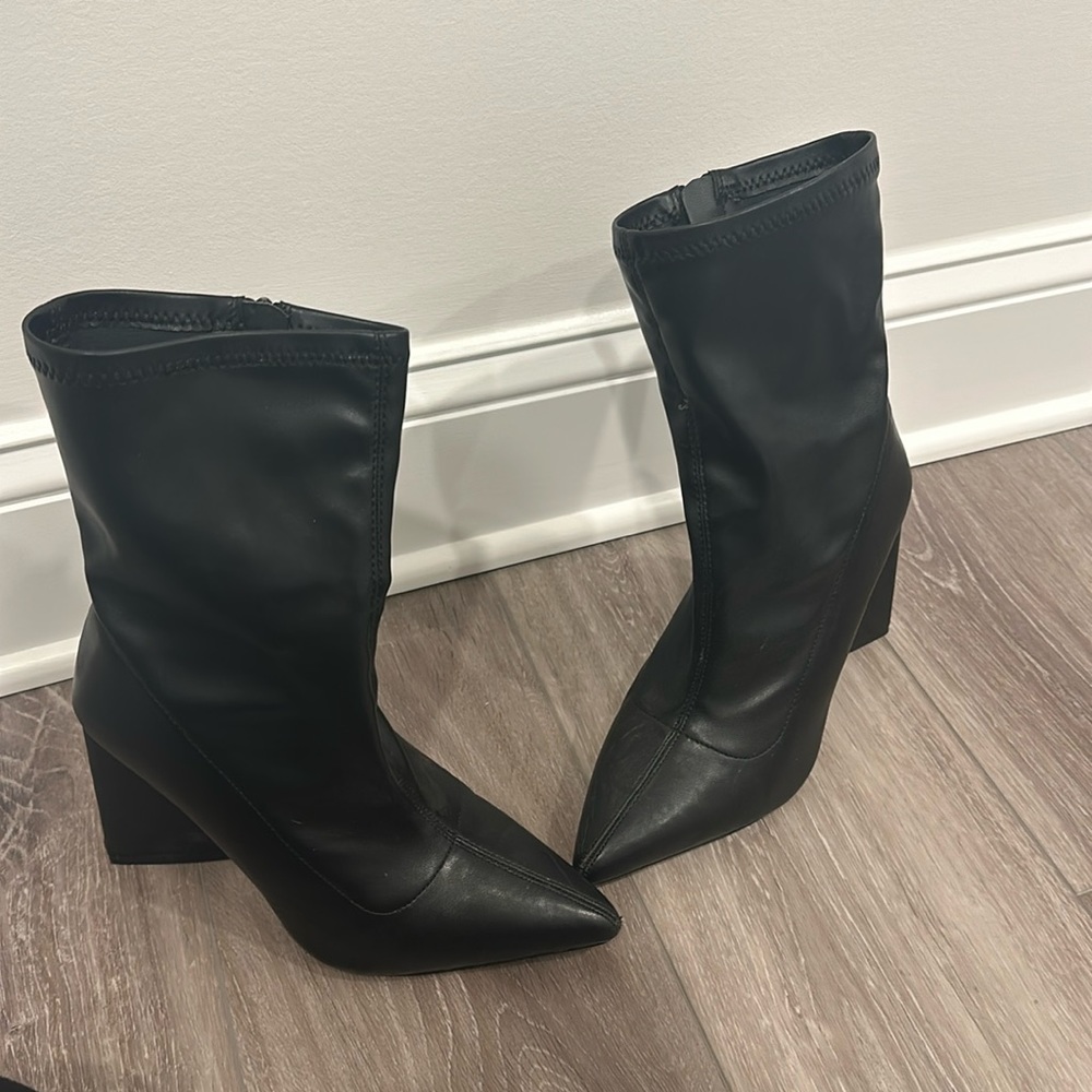 Faux Leather Block Heel Booties (Wide)